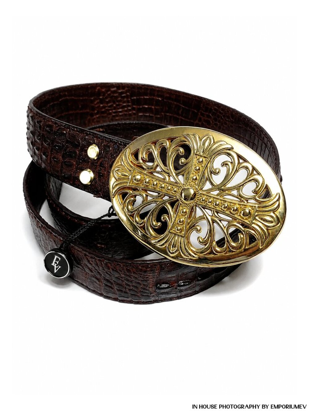 Handmade Gold Oval Buckle Brown Genuine Leather Crocodile Patterned Belt